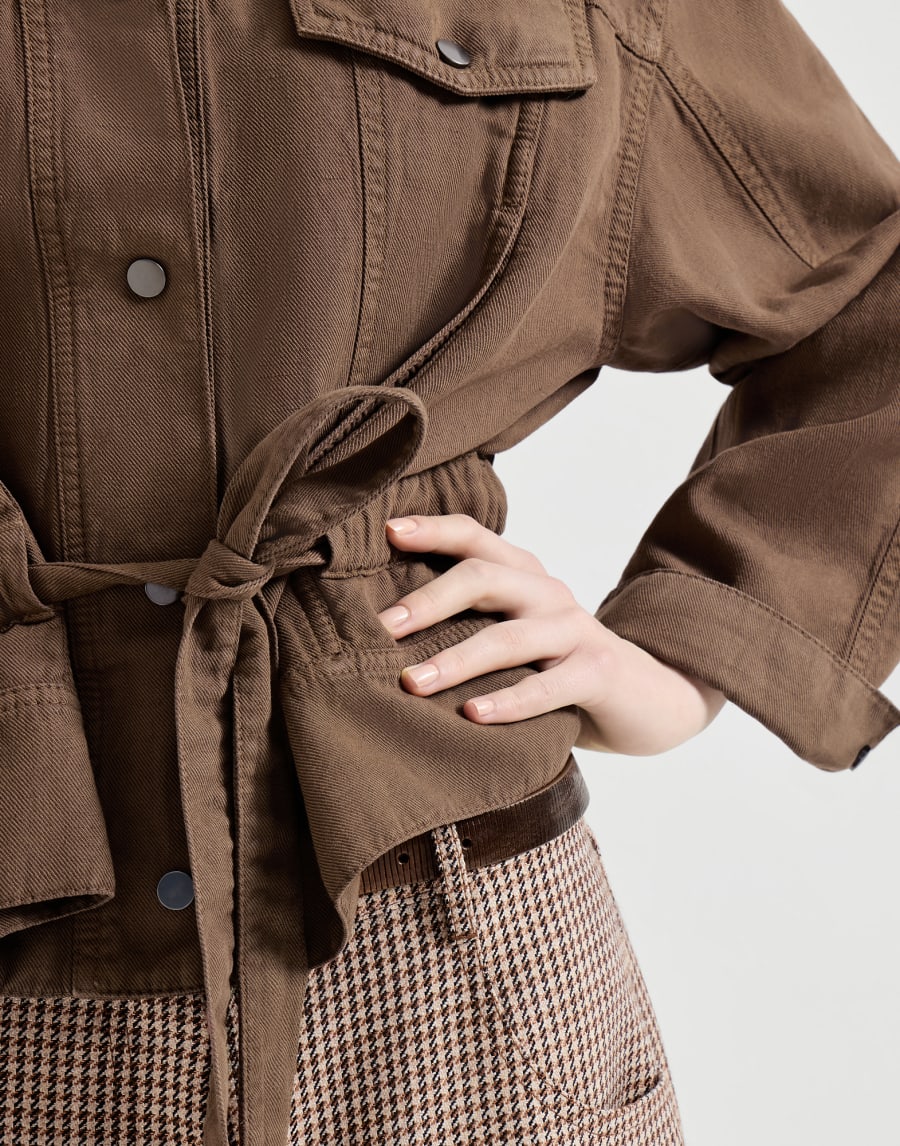 Beaded cropped jacket in garment-dyed coated cotton and linen - Cigar