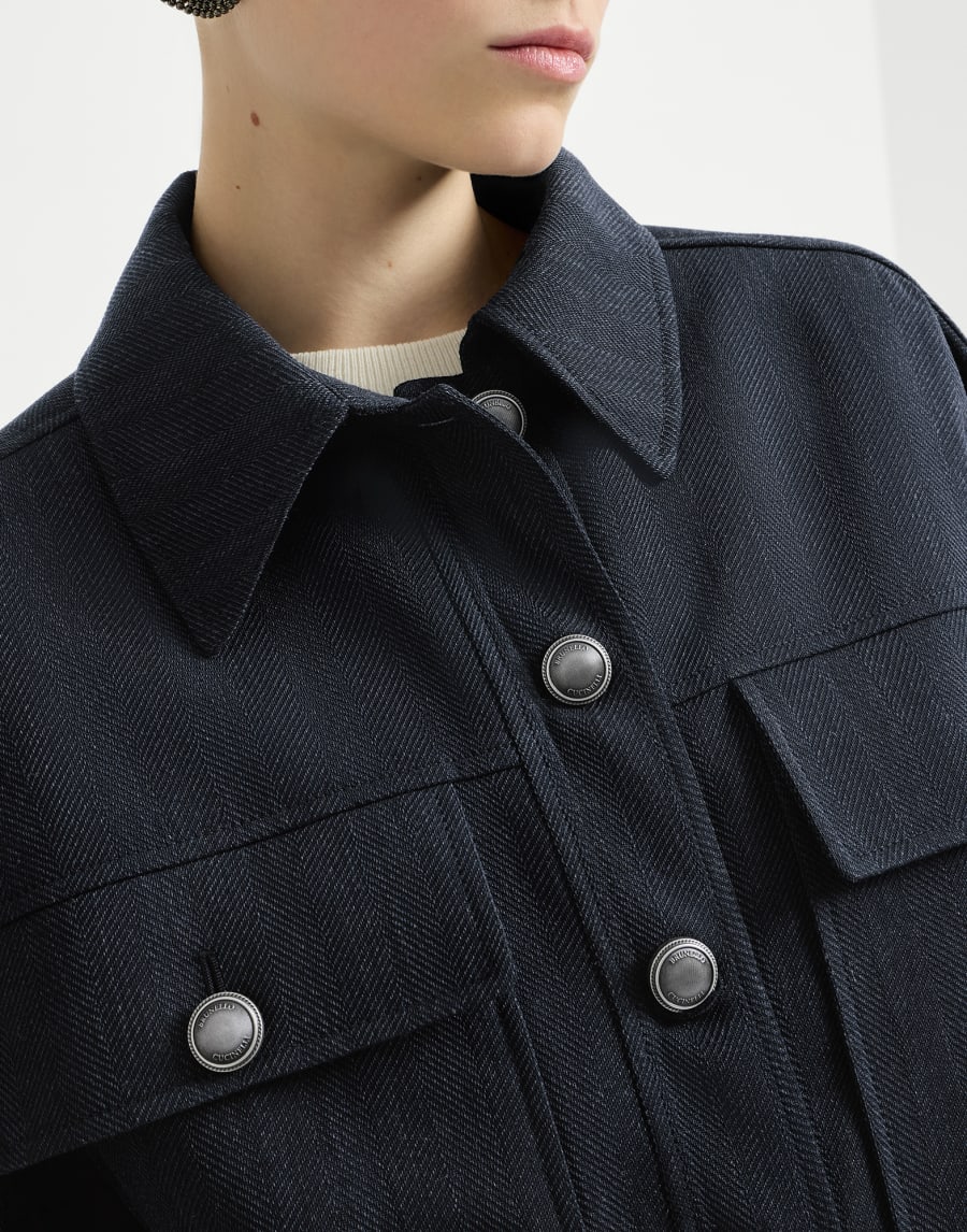 Beaded virgin wool herringbone crepe cropped jacket - Navy