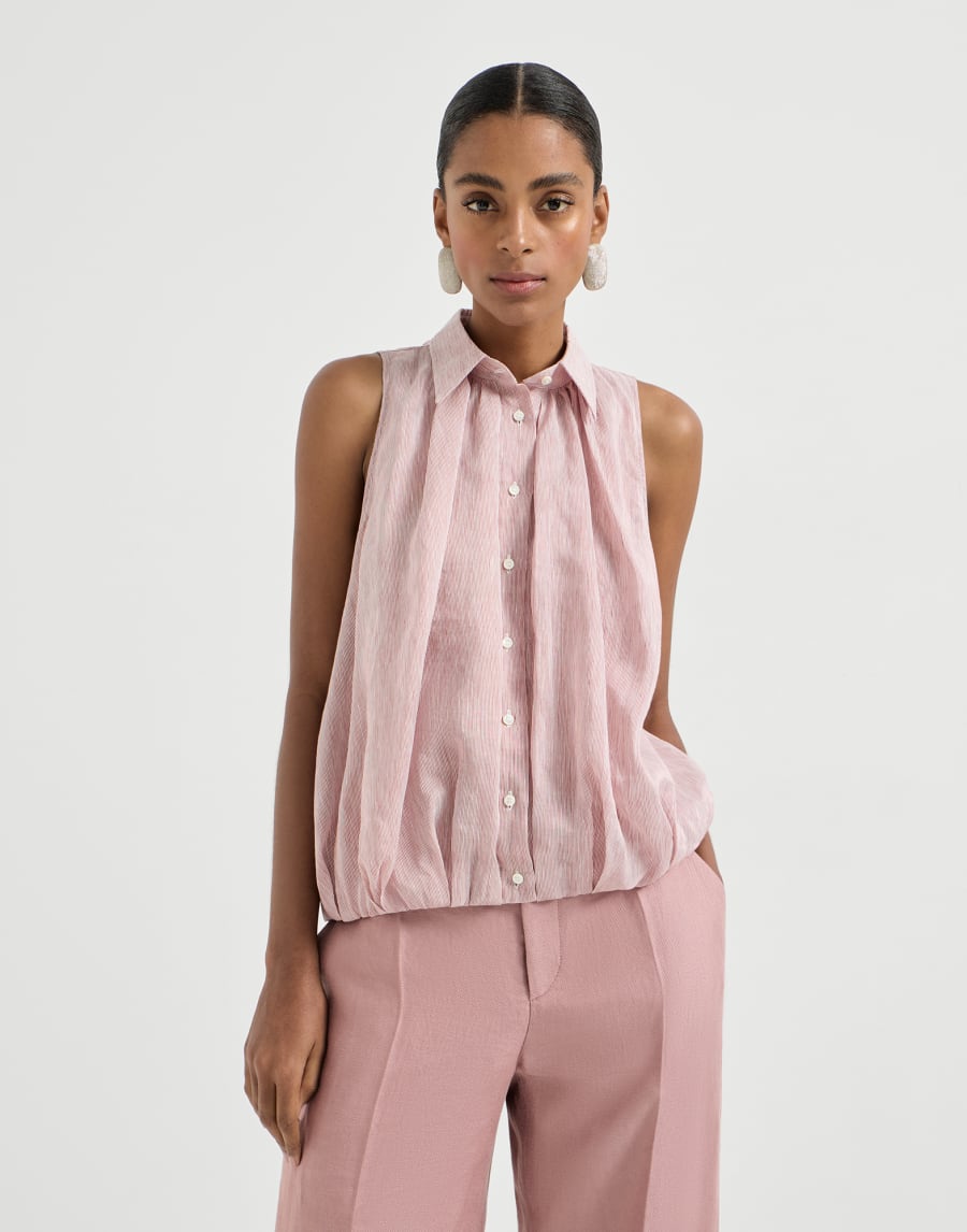 Linen Striped Organza Sleeveless Shirt - Pink