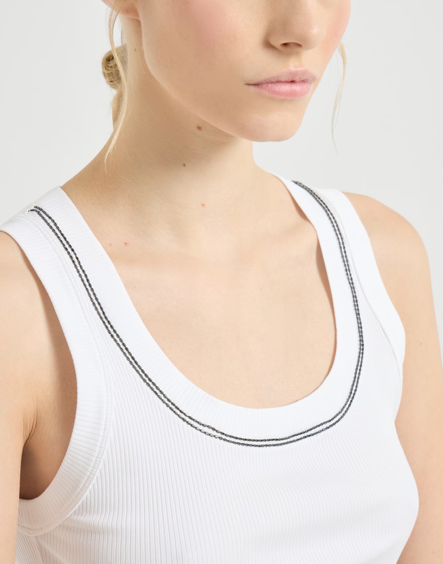 Sleeveless top in cotton stretch ribbed jersey with shiny trim - White