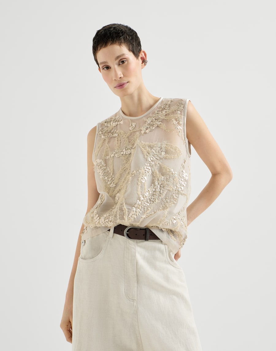 Chandong Deep Sea Embroidered Crispy Silk Sleeveless Top - Beige