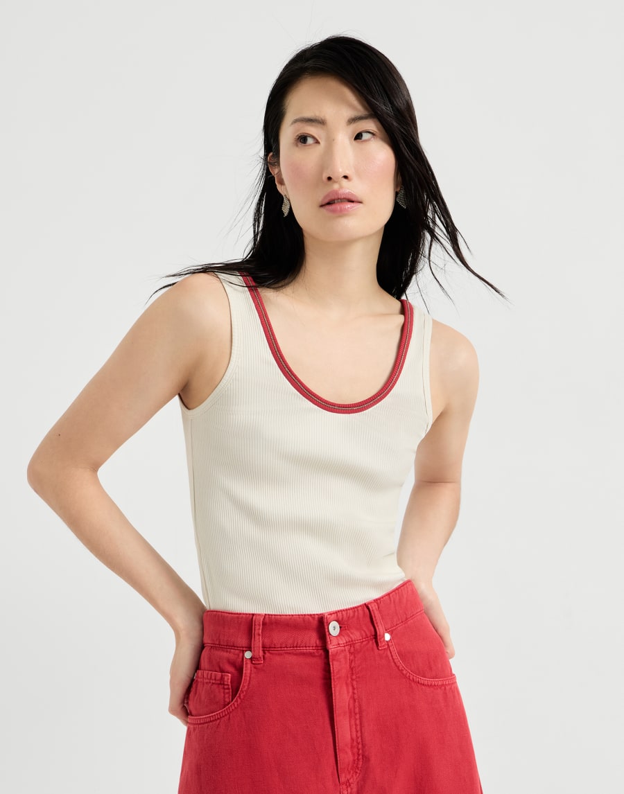 Sleeveless top in stretch cotton and ribbed jersey with beaded trim - Panama