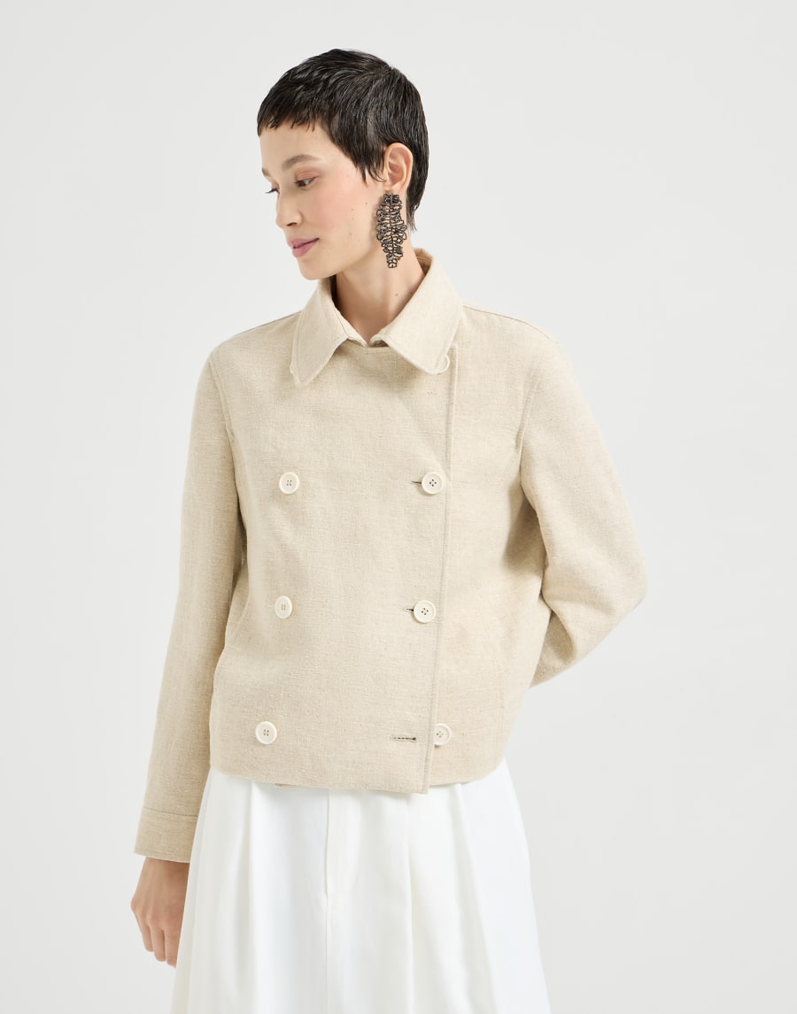 Short caban coat in slub pattern with beading, linen, silk and hemp blend jersey - Beige