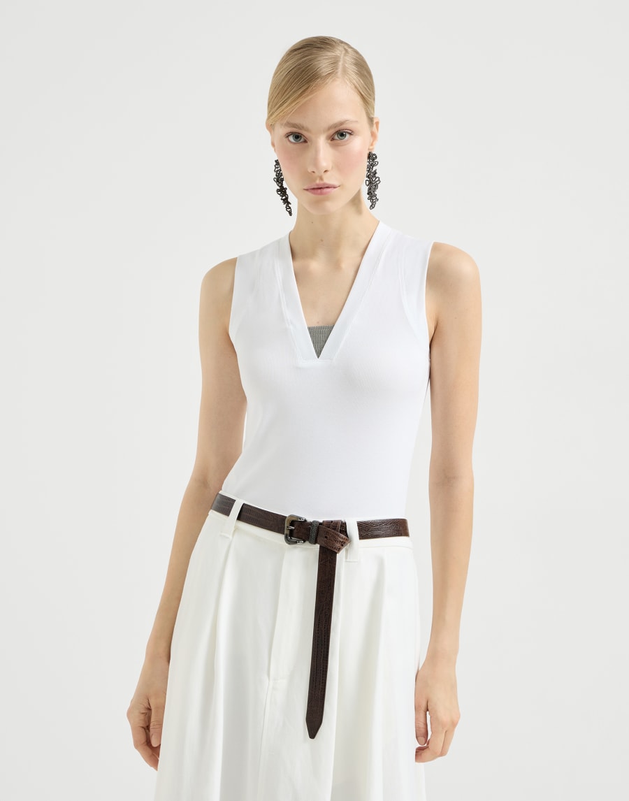 Elegant faux layered cotton stretch jersey T-shirt - White