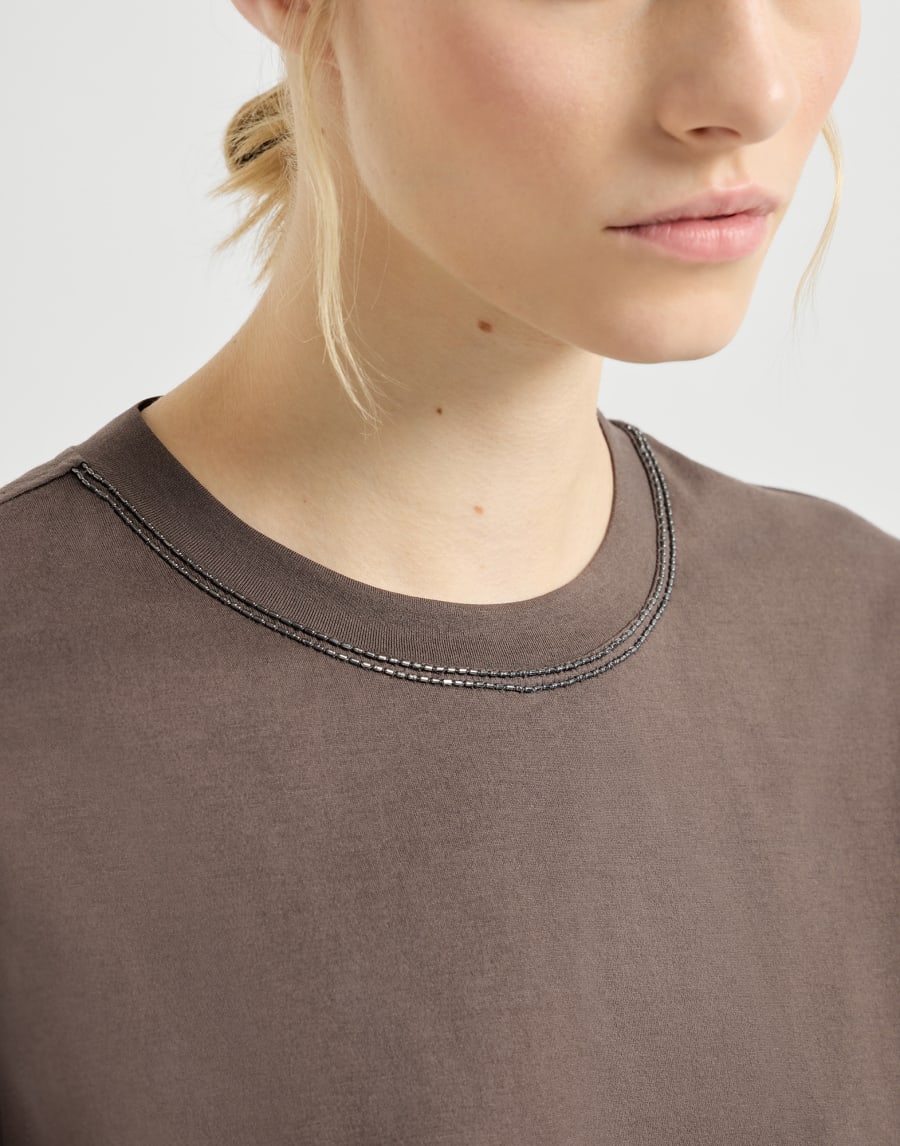 Shiny Trim Cotton Jersey T-Shirt - Brown