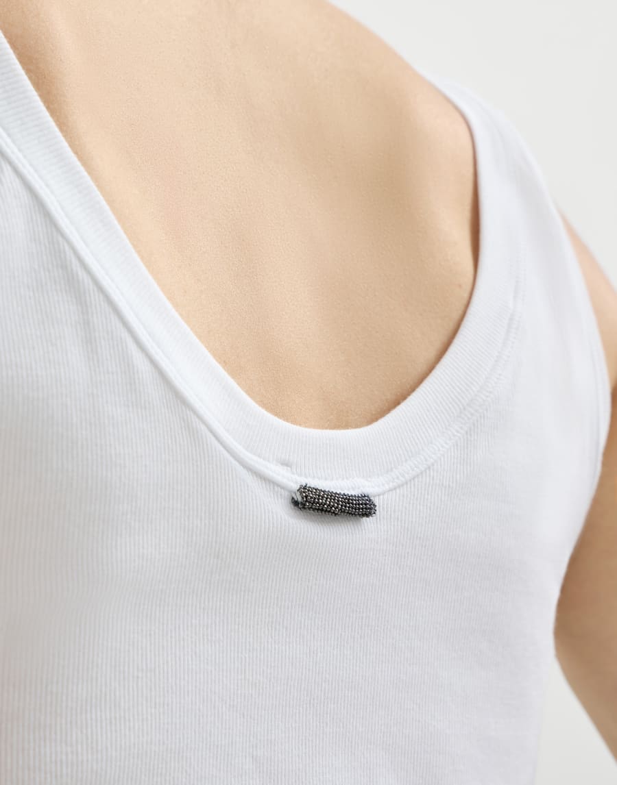 Sleeveless top in stretch cotton and ribbed jersey with beading - White
