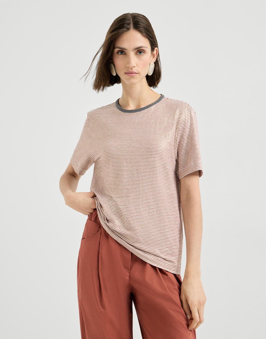 Shiny Trimmed Gold and Silver Linen Jersey Striped T-Shirt - Orange