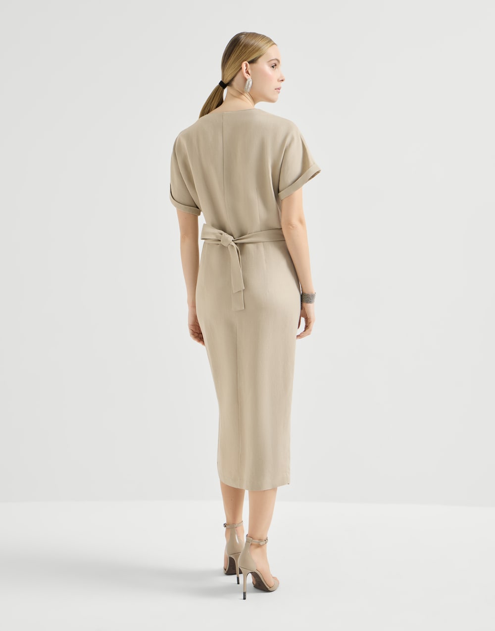 Beaded wrap dress in viscose and linen-blend smooth twill - Beige