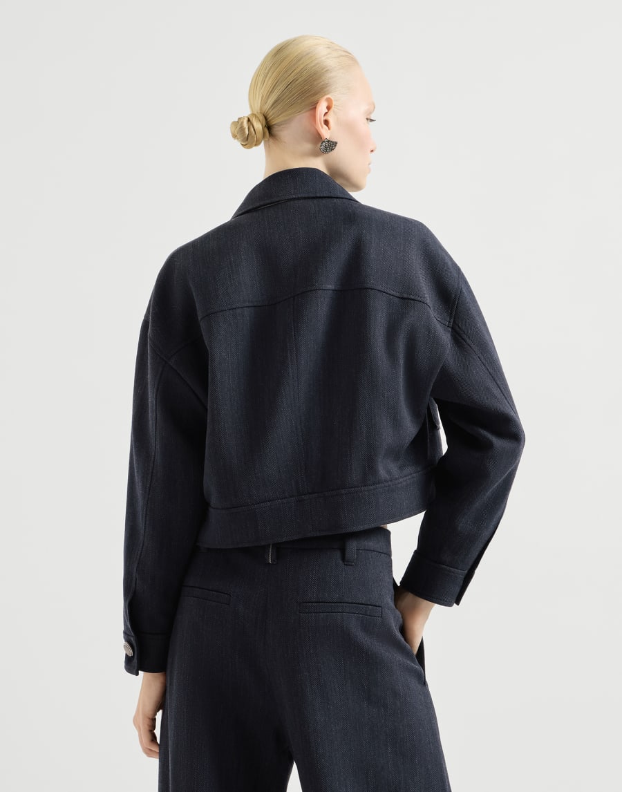 Beaded virgin wool herringbone crepe cropped jacket - Navy Beaded virgin wool herringbone crepe cropped jacket - Navy