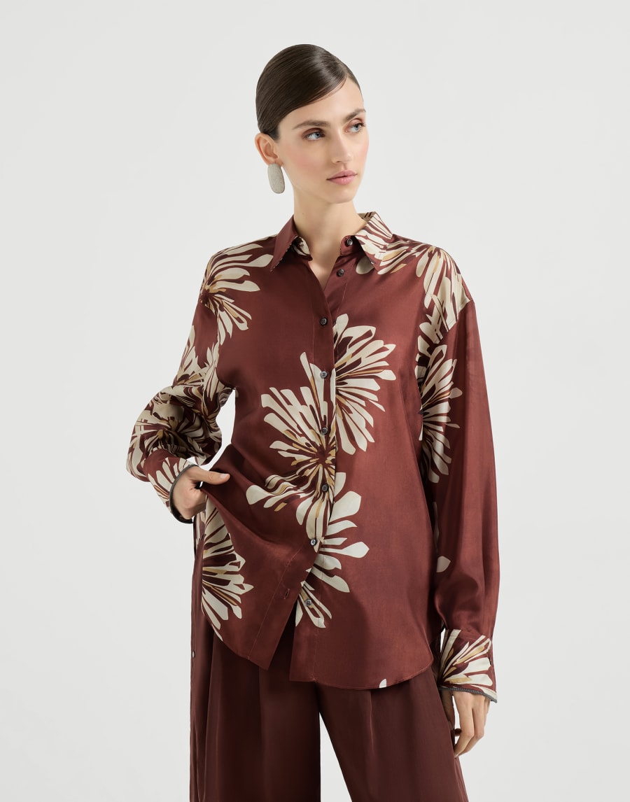 Beaded silk cocoon bloom print shirt - Bordeaux