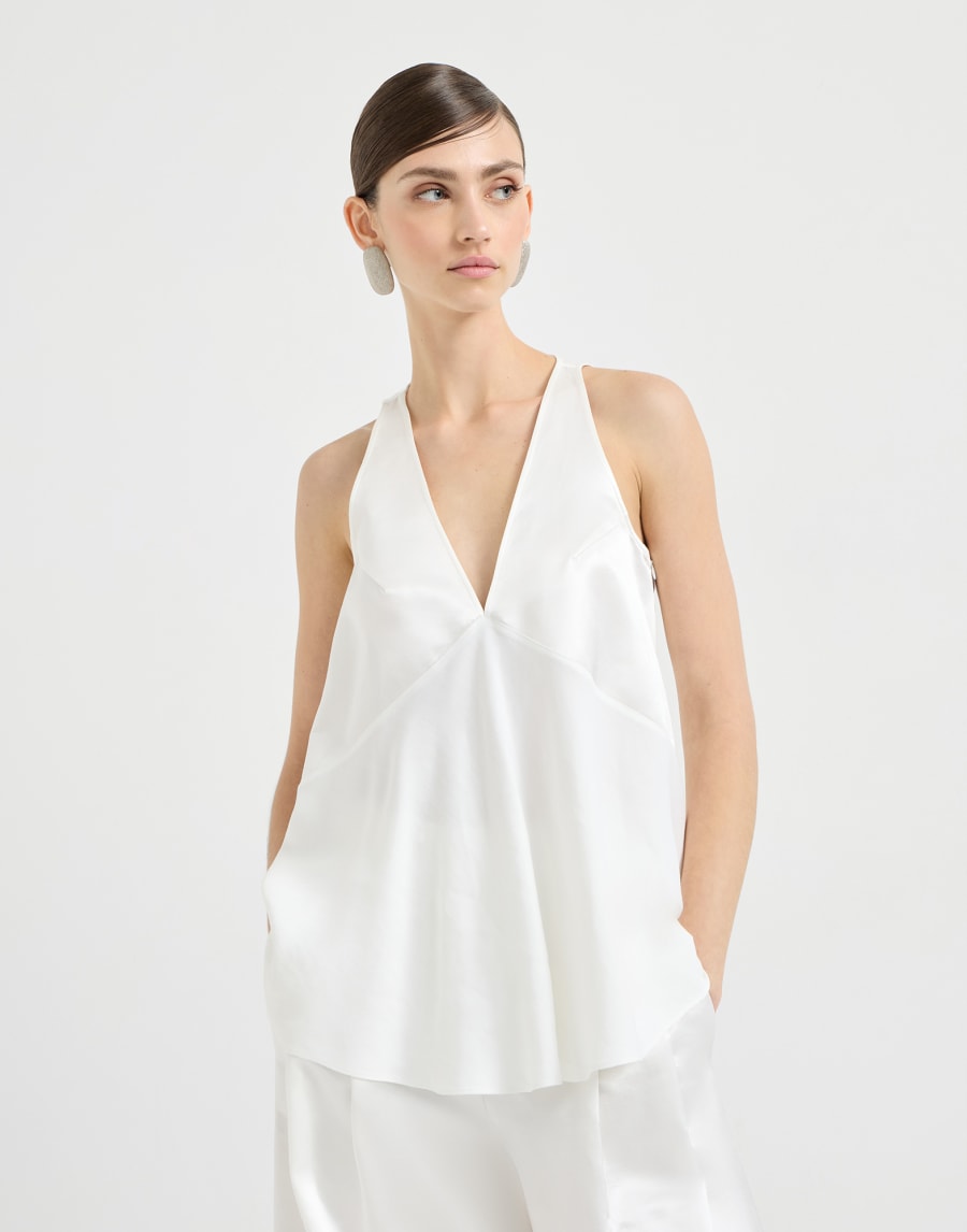 Shiny trimmed cotton and silk smooth twill five-panel satin panel sleeveless top - White