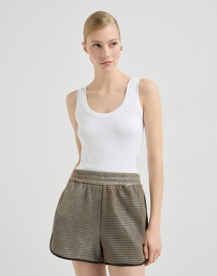 Sleeveless top in stretch cotton and ribbed jersey with beading - White