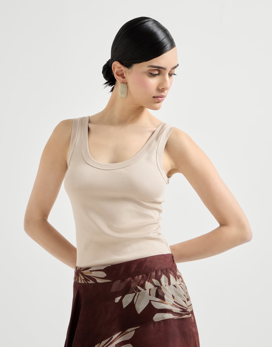 Sleeveless top in stretch cotton and ribbed jersey with beading - Cool Beige