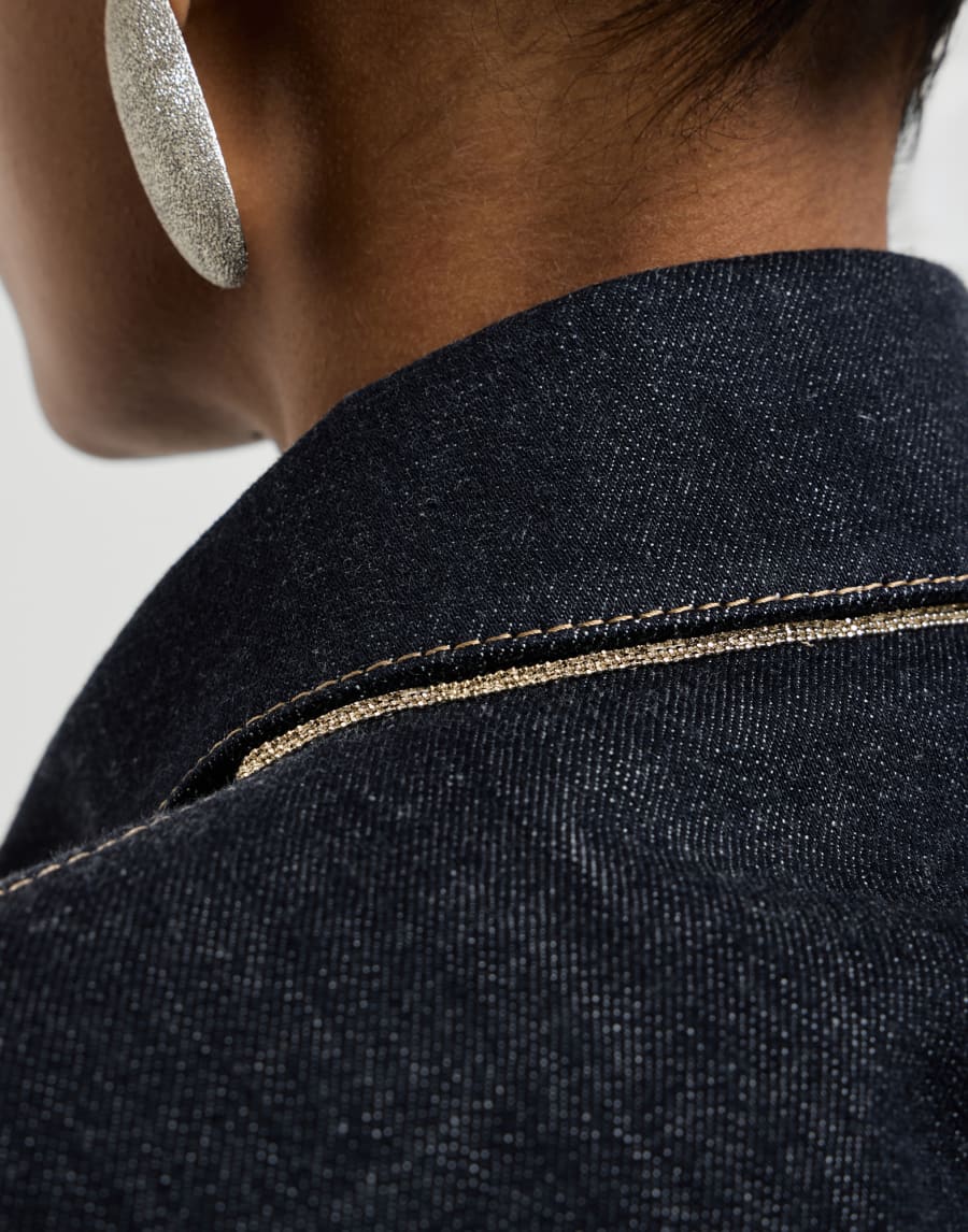 Beaded embellished colorfast denim bomber jacket - Denim Blue