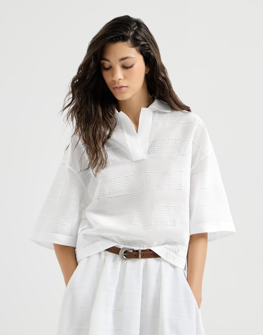 Sparkling broderie anglaise cotton organza short polo shirt - White