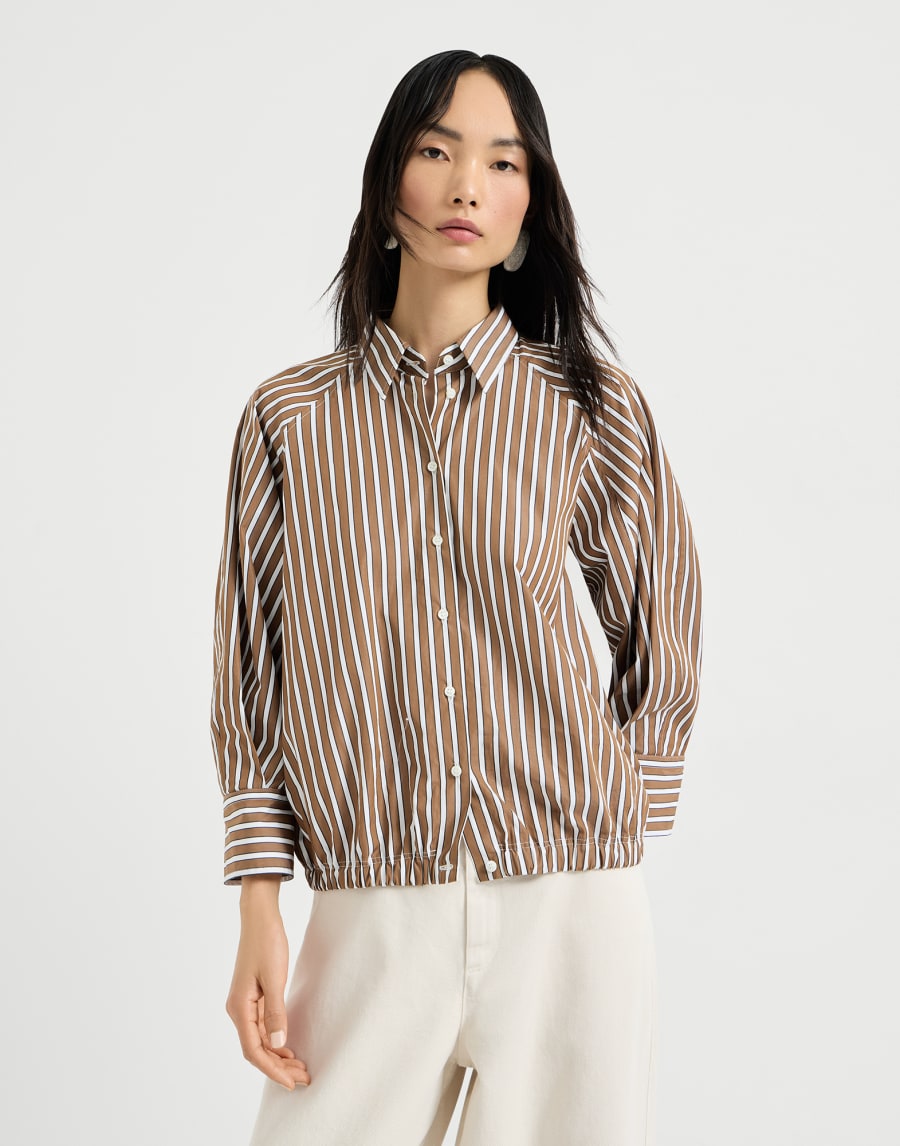 Beaded Shadow Weave Striped Cotton Poplin Shirt - Brown