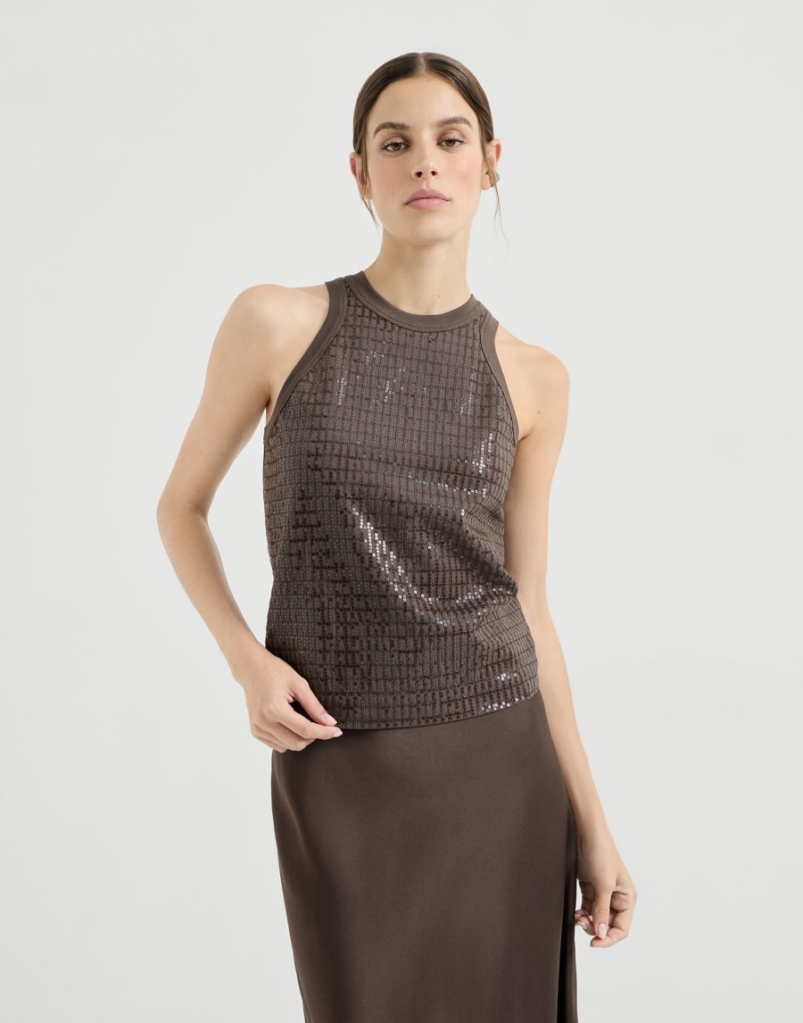 Sparkling Check Embroidered Stretch Cotton Jersey Sleeveless Top - Brown