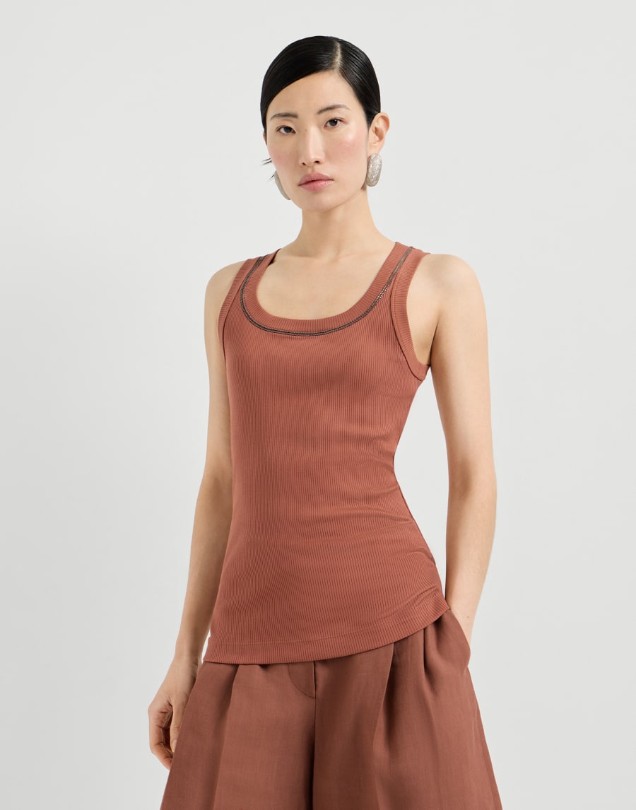 Sleeveless top in cotton stretch ribbed jersey with shiny trim - Orange