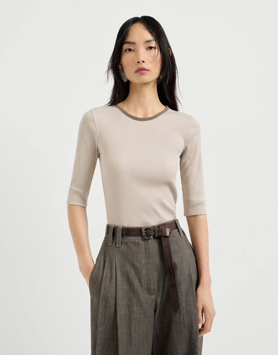 Sleeveless top in cotton stretch ribbed jersey with shiny trim - Light Beige