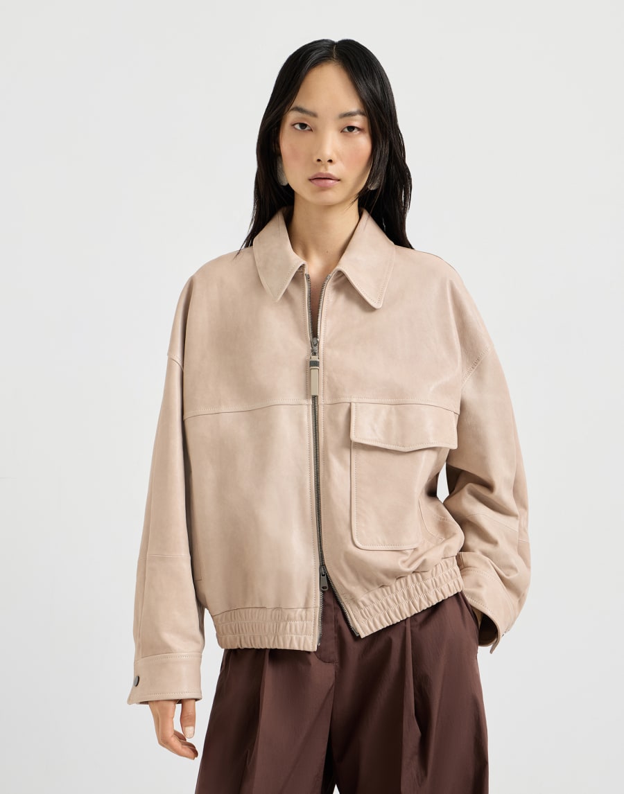 Beaded glossy nappa leather jacket - Beige