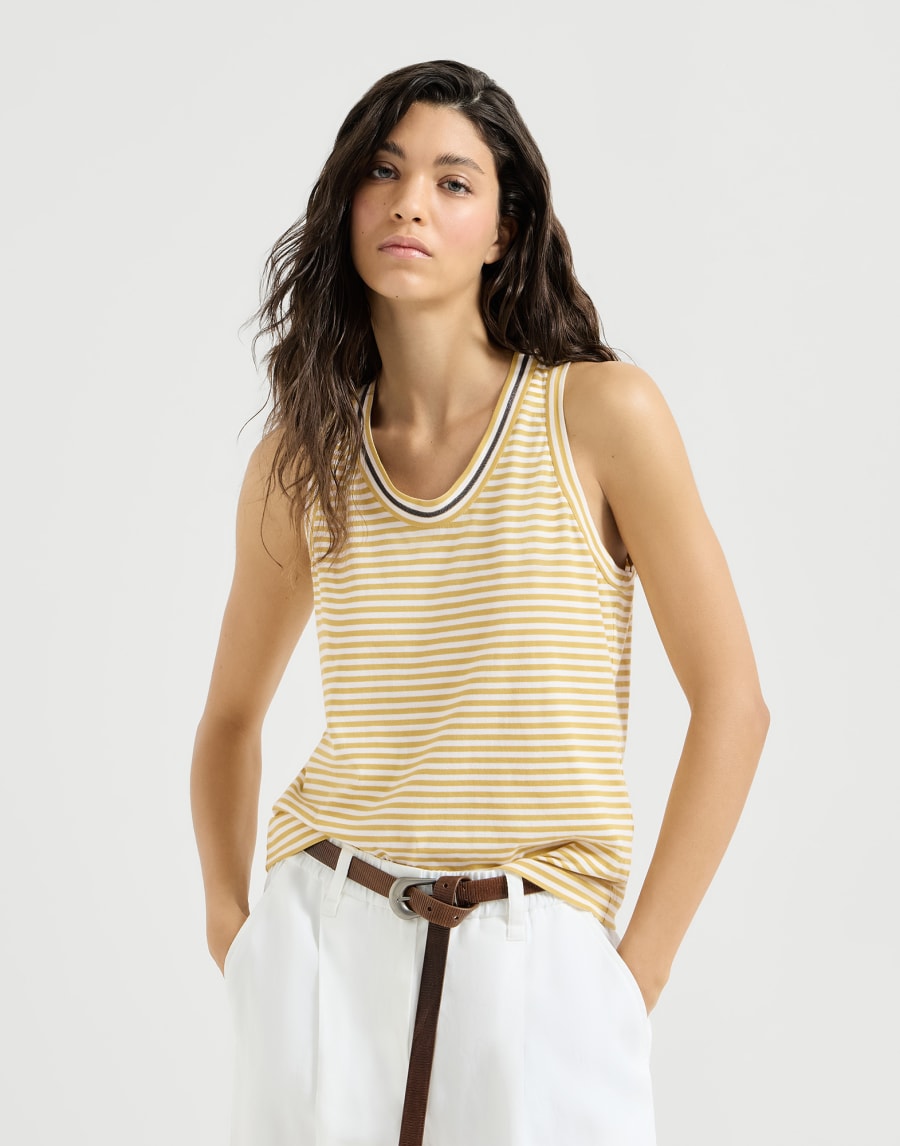 Elegant Collar Cotton Jersey Striped Sleeveless Top - Eggnog