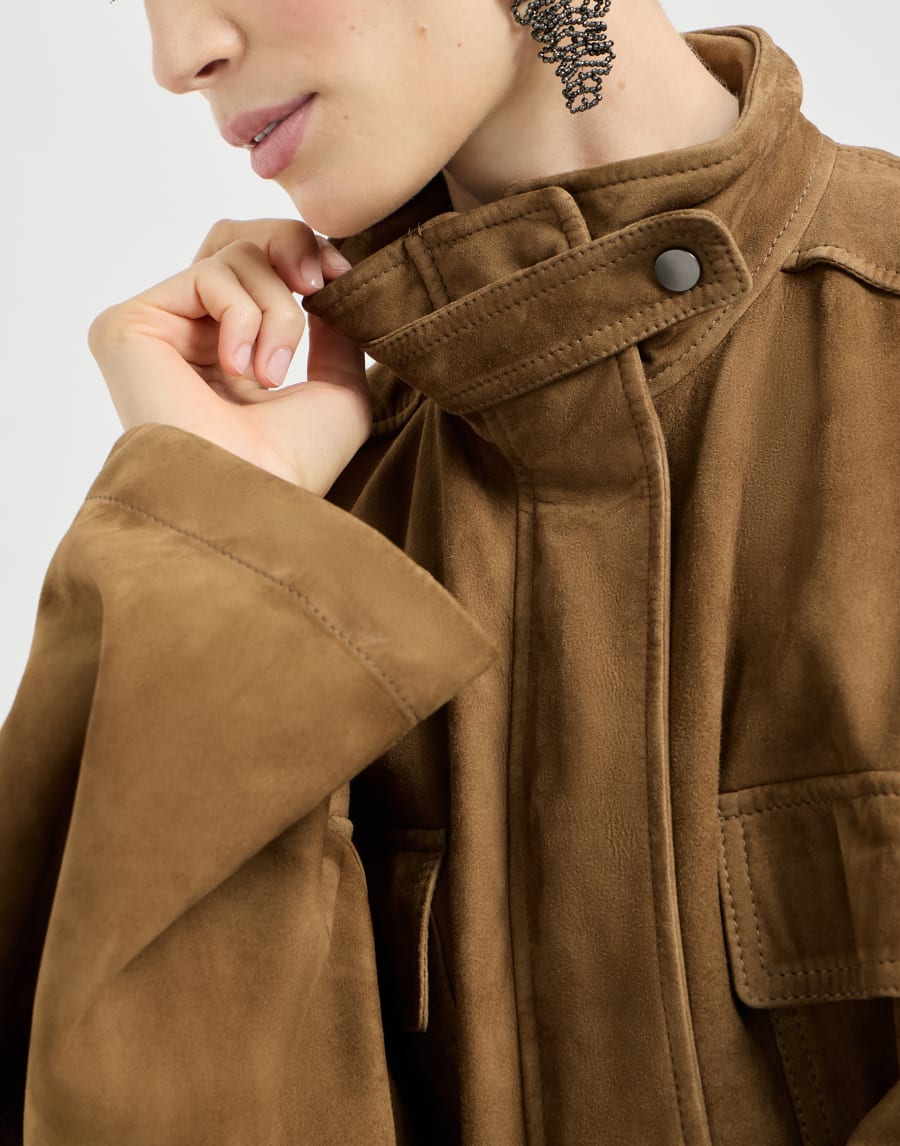 Stylish Suede Hunting Jacket with Beads - Brown