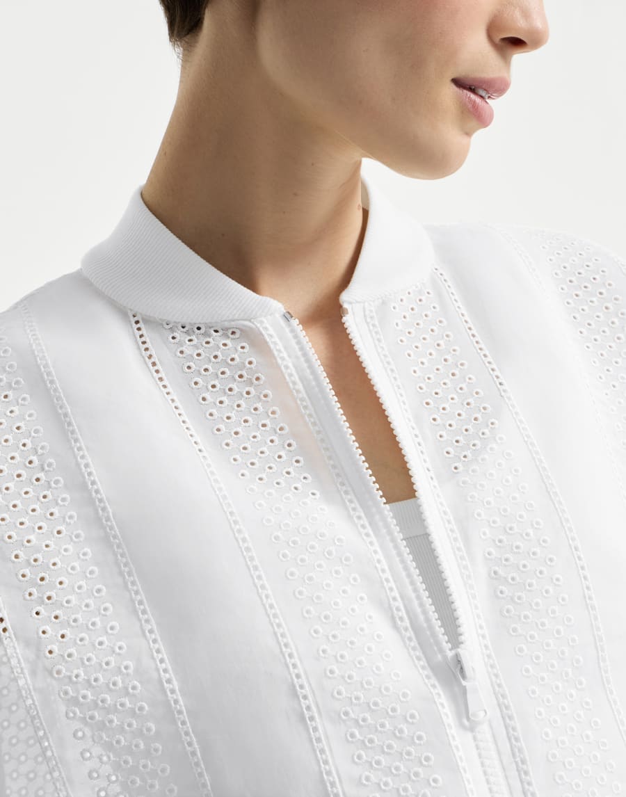 Sparkling broderie anglaise embroidered cotton organza bomber jacket with zip closure - White