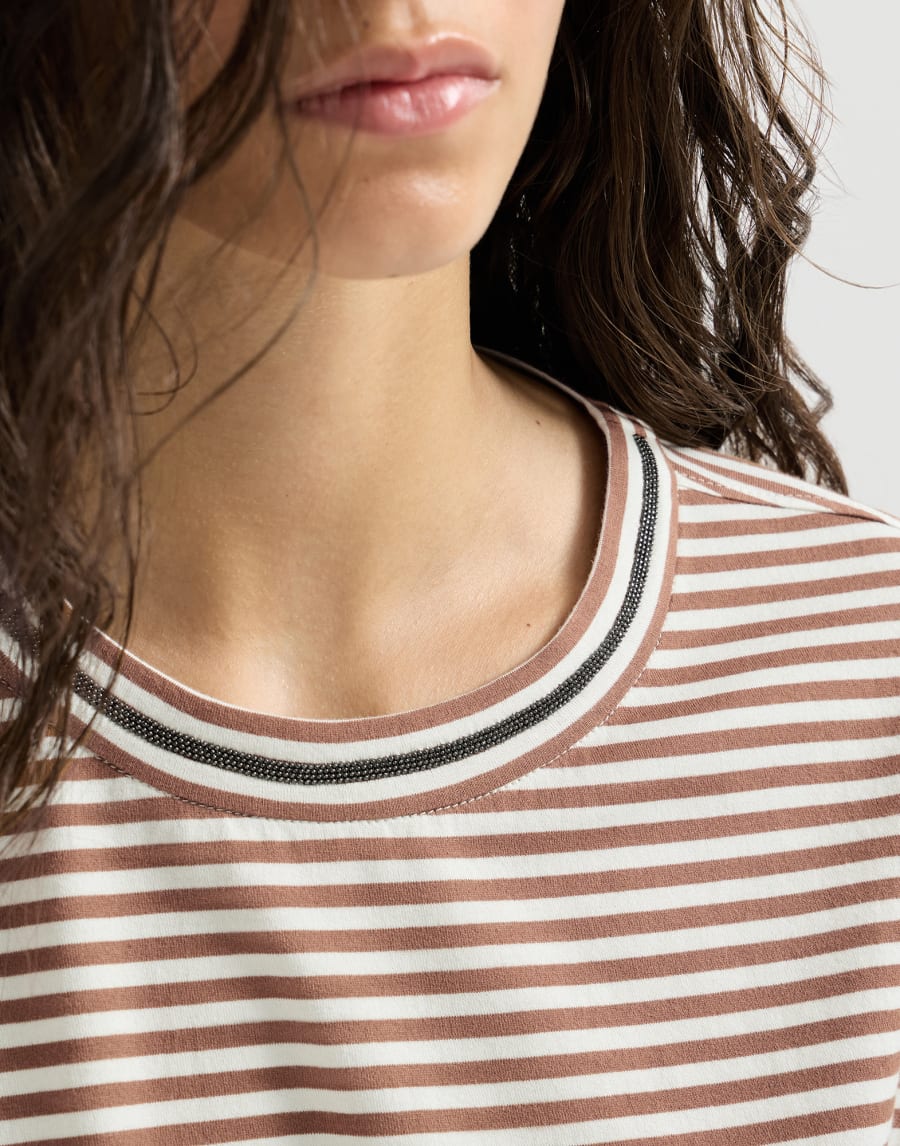 Elegant Collar Cotton Jersey Striped T-Shirt - Light Brown