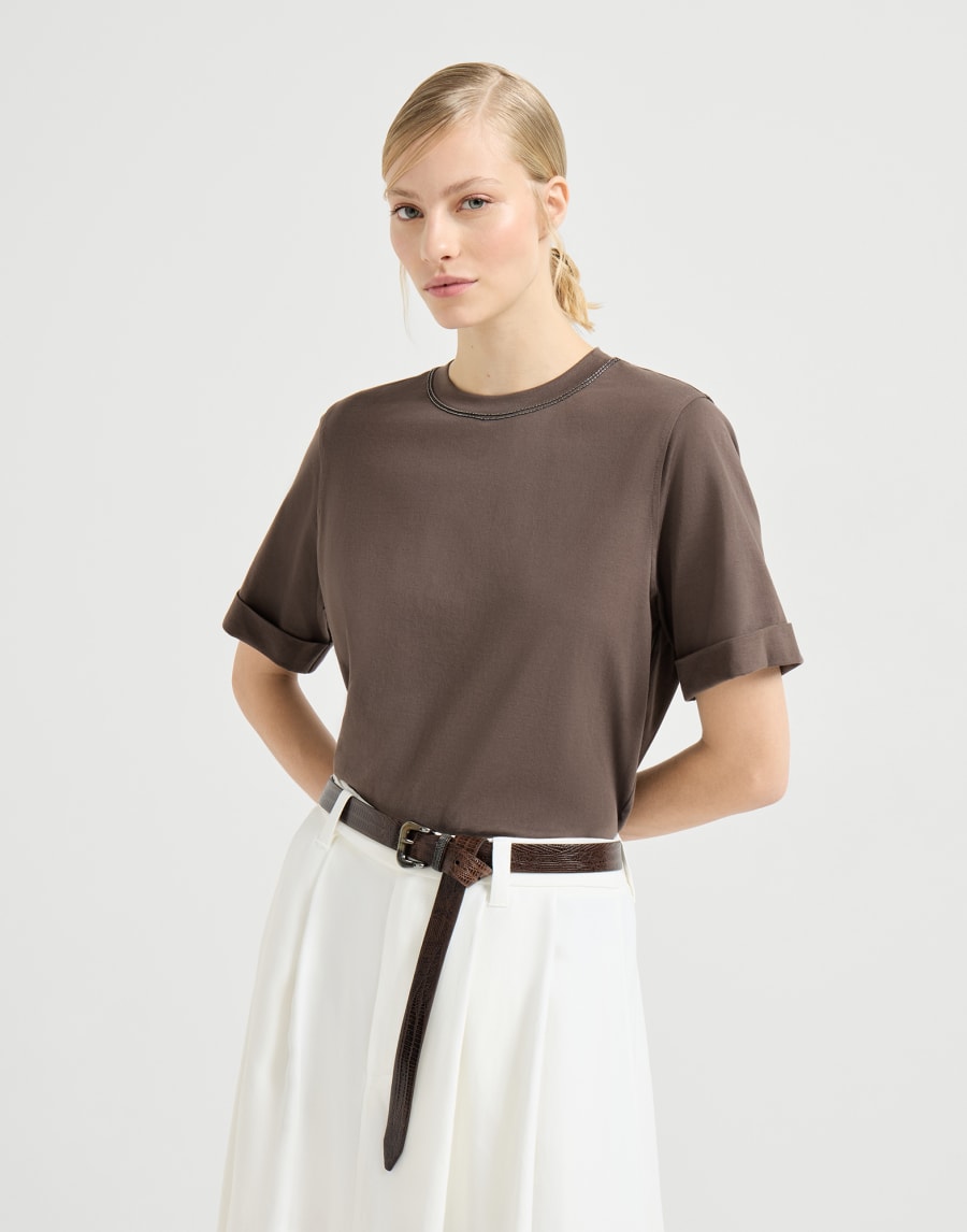 Shiny Trim Cotton Jersey T-Shirt - Brown