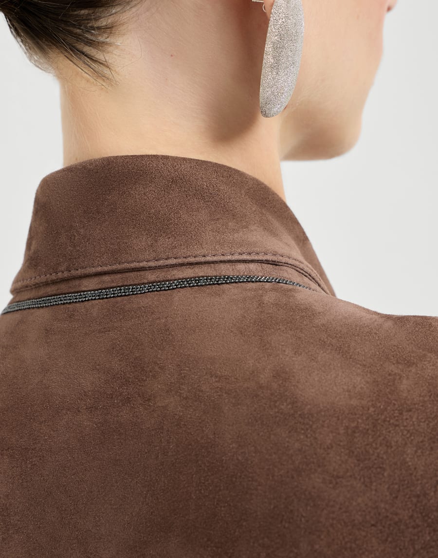 Stylish suede cropped jacket with beading - Brown