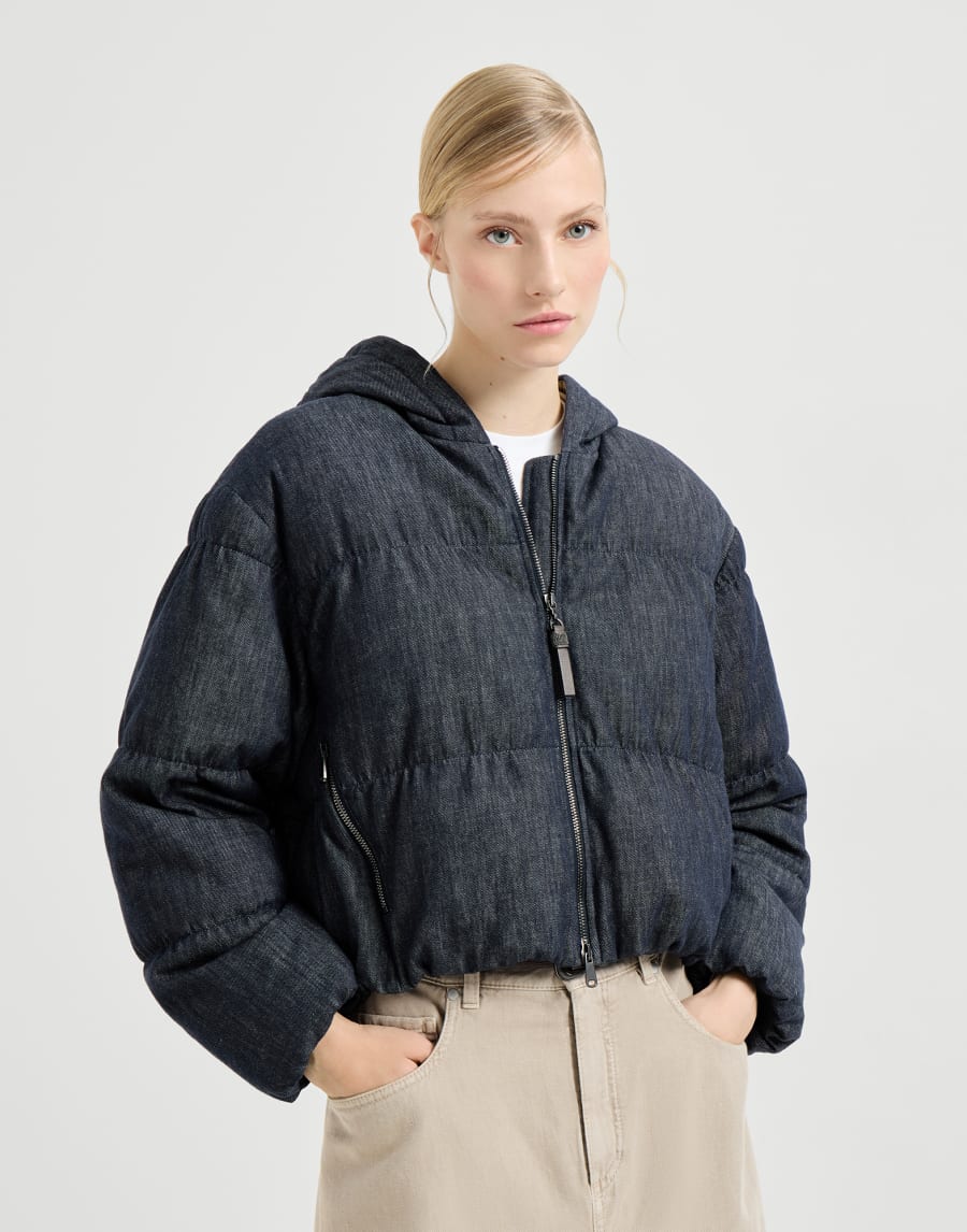 Beaded denim-effect cotton twill down jacket - Denim Blue
