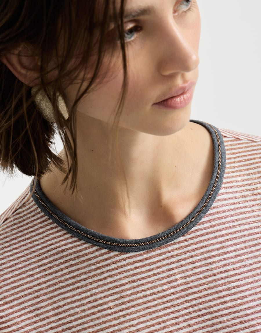 Shiny Trimmed Gold and Silver Linen Jersey Striped T-Shirt - Orange Shiny Trimmed Gold and Silver Linen Jersey Striped T-Shirt - Orange