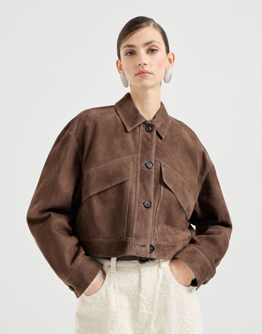 Stylish suede cropped jacket with beading - Brown
