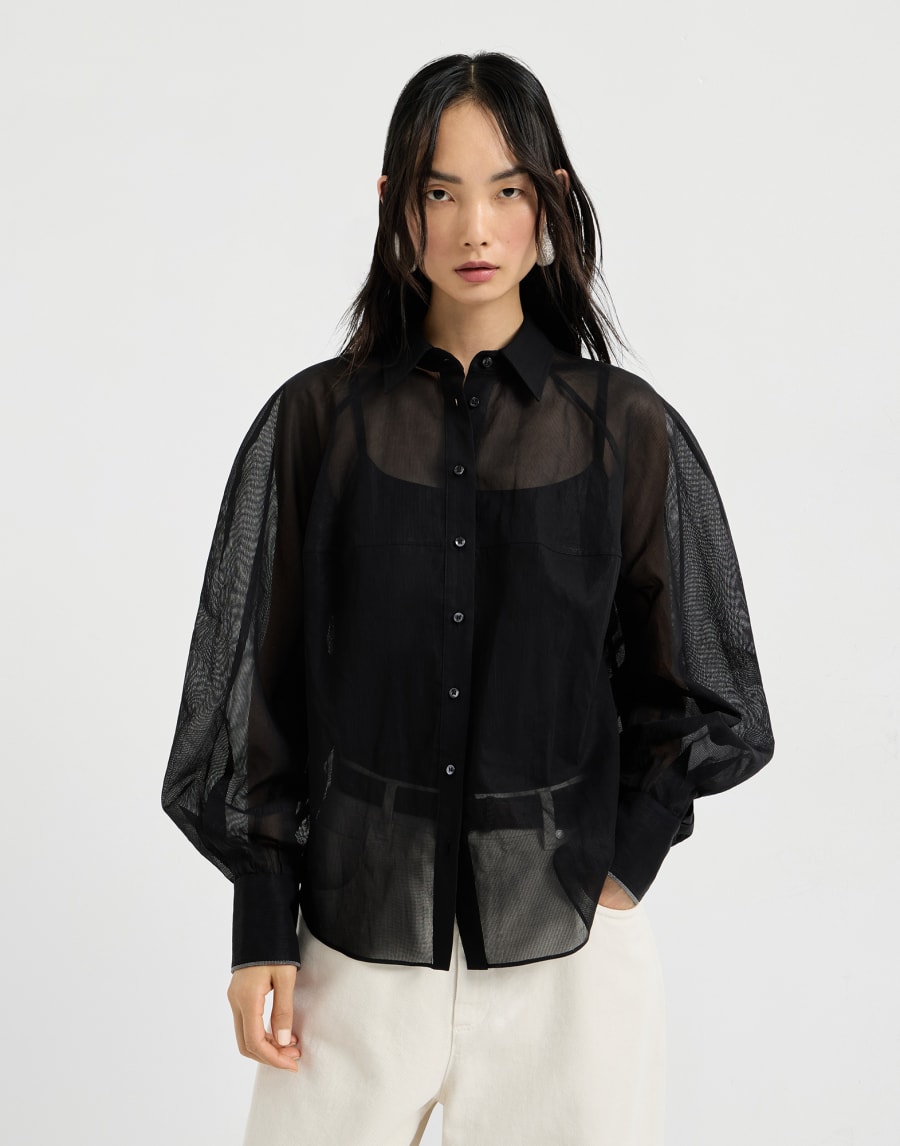 Striped cotton-organza shirt with beading - Black