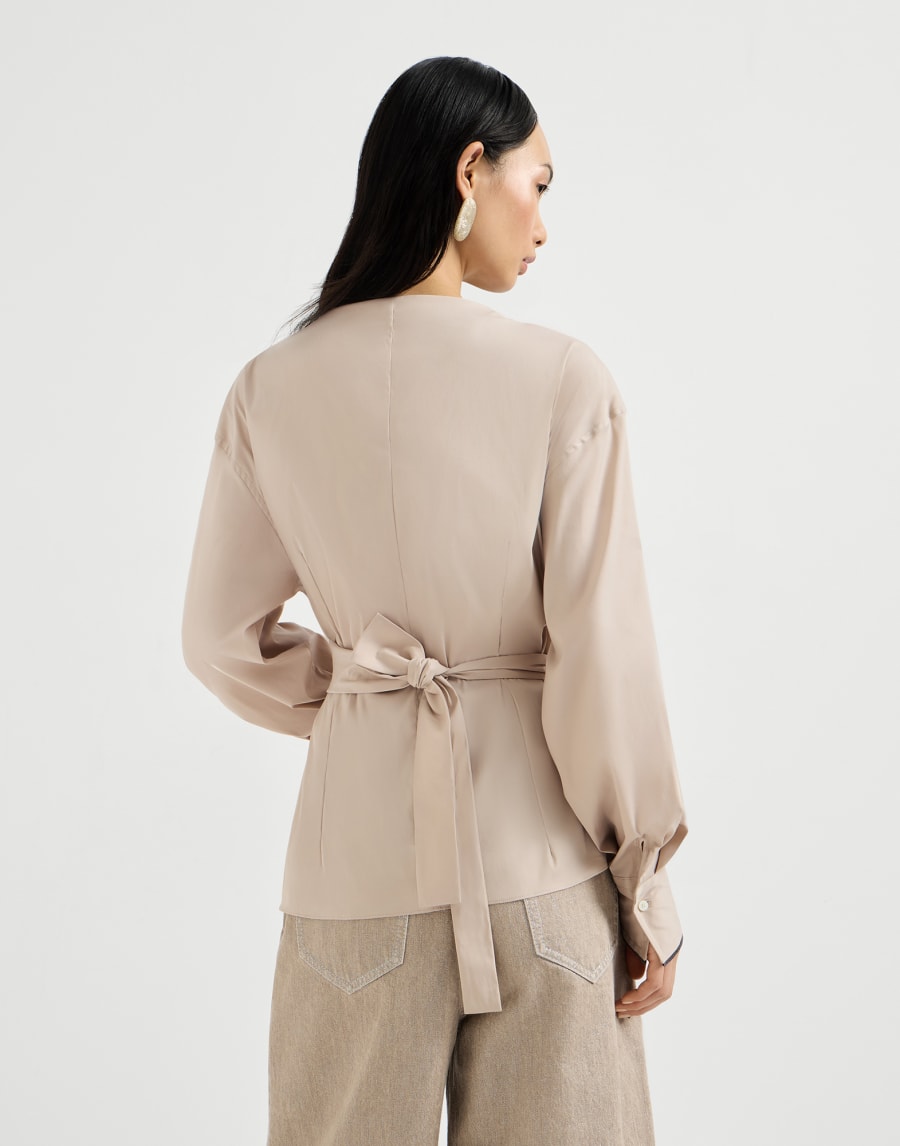 Cotton-stretch poplin shirt with shiny cuffs - Beige