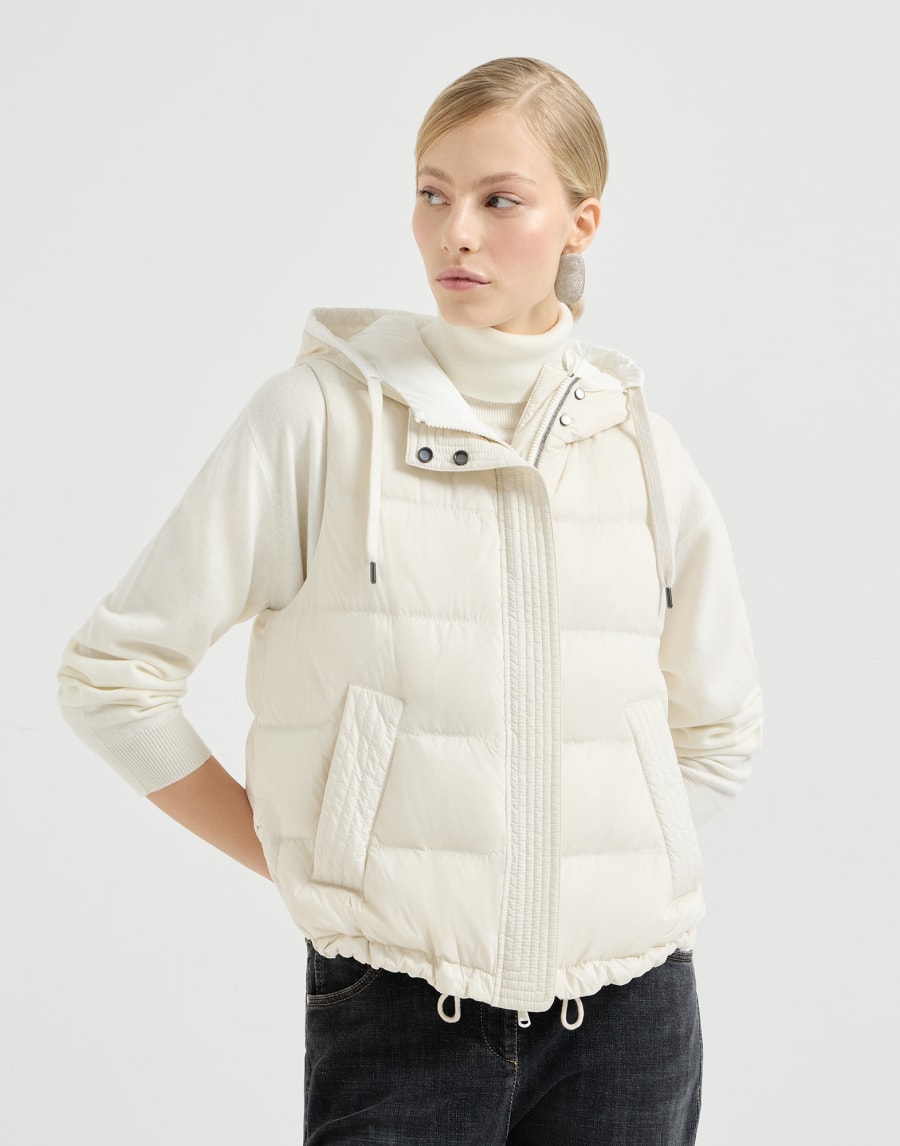 Thin down vest in matte nylon with hood and shiny trim - Cream