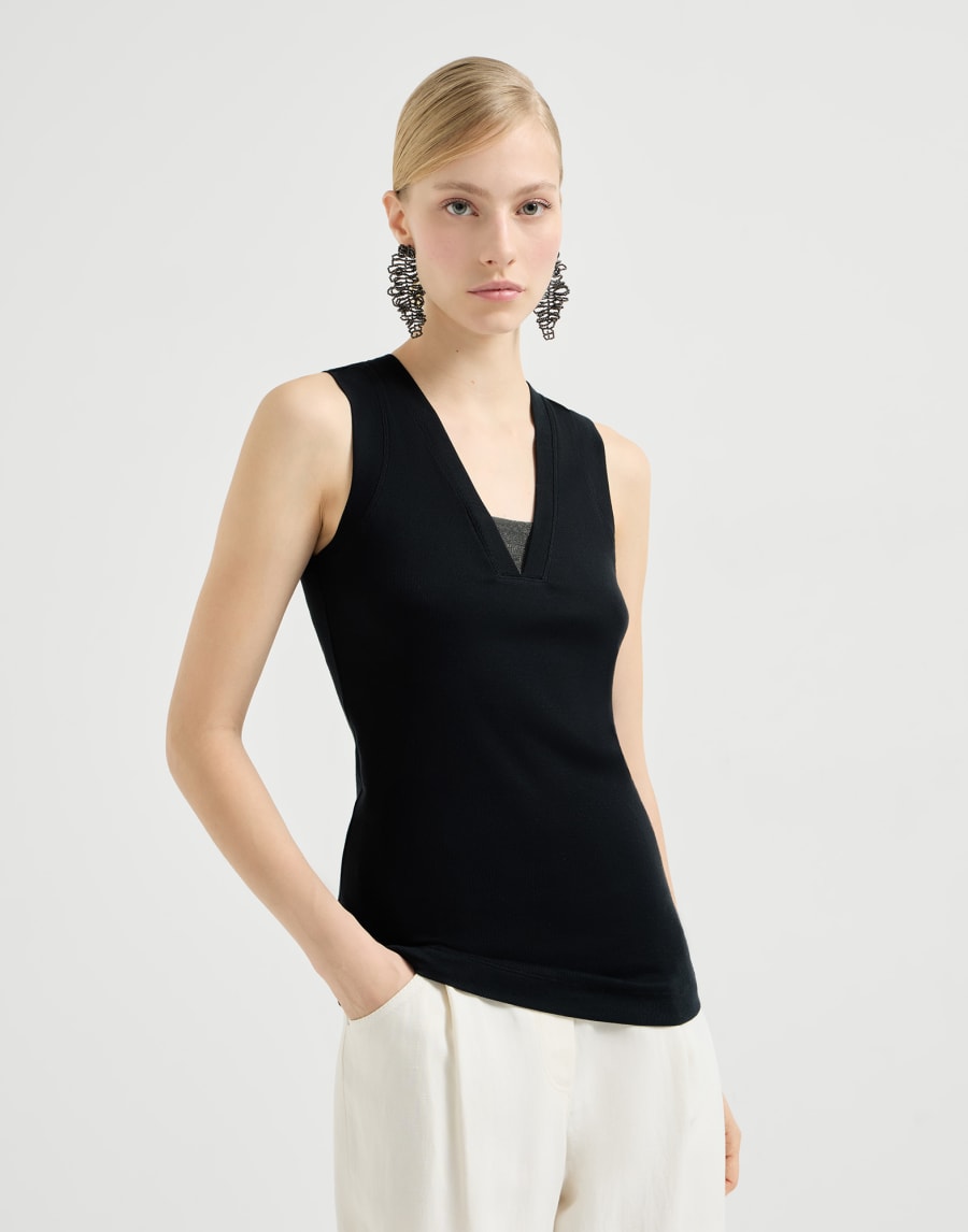 Elegant faux layered cotton stretch jersey T-shirt - Black