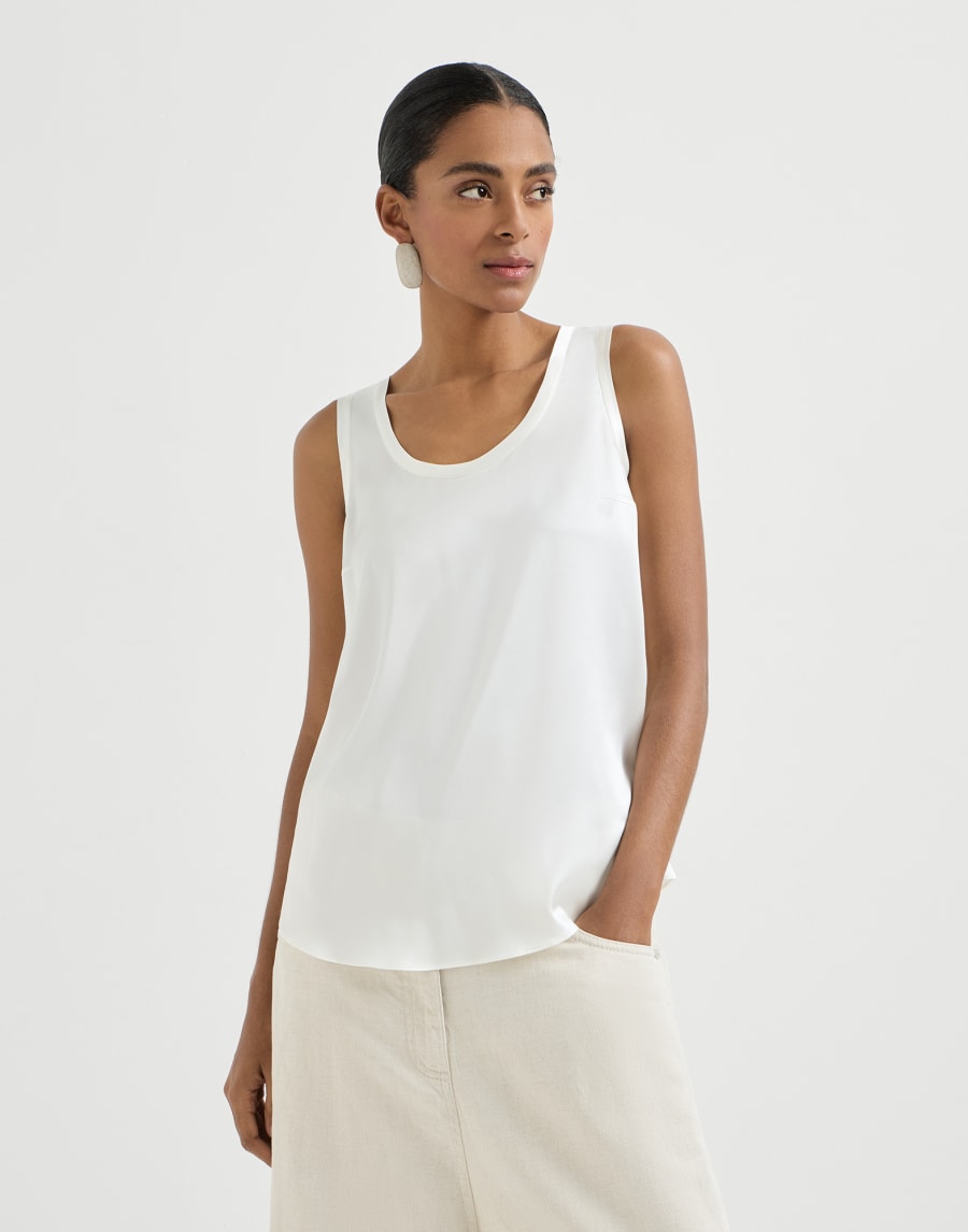 Sleeveless Stretch Silk Satin Top - White