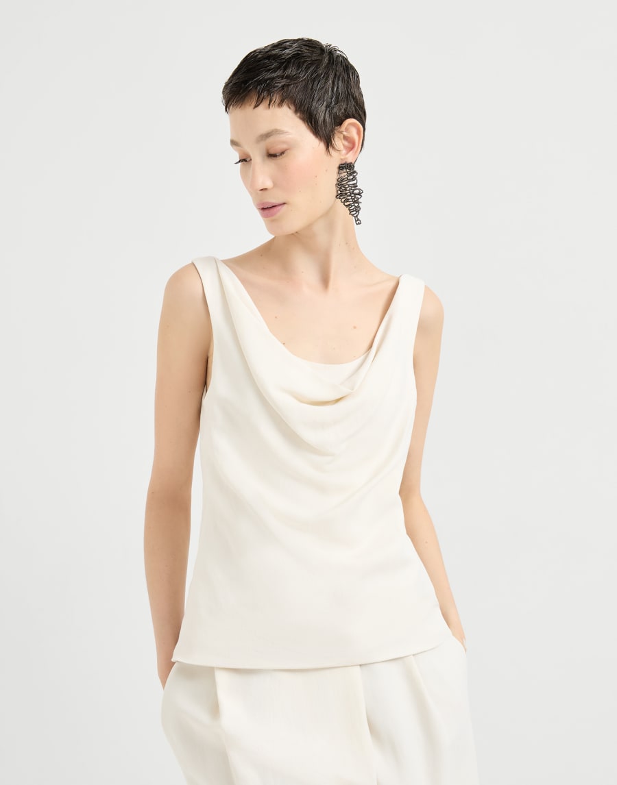 Sleeveless top in viscose linen-blend smooth twill - Ivory