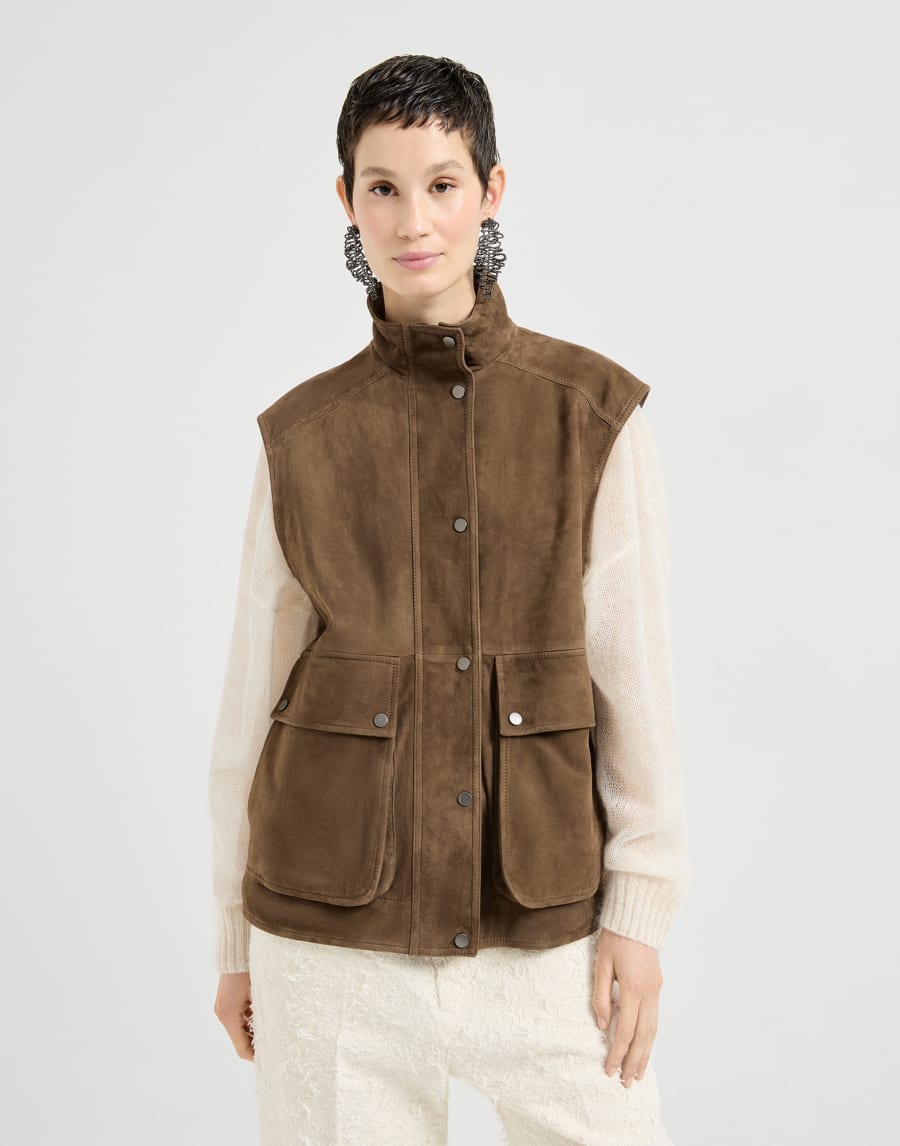 Stylish suede vest with beading - Brown