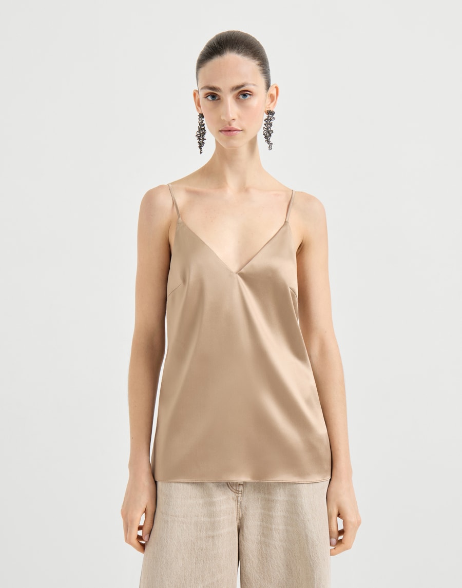 Sleeveless Stretch Silk Satin Top - Beige