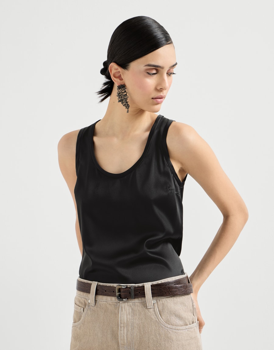 Sleeveless Stretch Silk Satin Top - Black