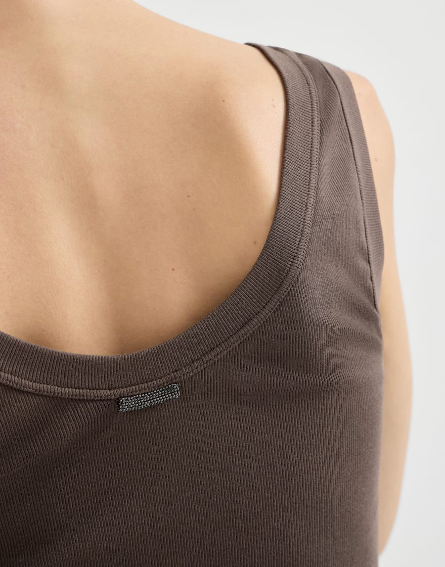 Sleeveless top in stretch cotton and ribbed jersey with beading - Brown Sleeveless top in stretch cotton and ribbed jersey with beading - Brown