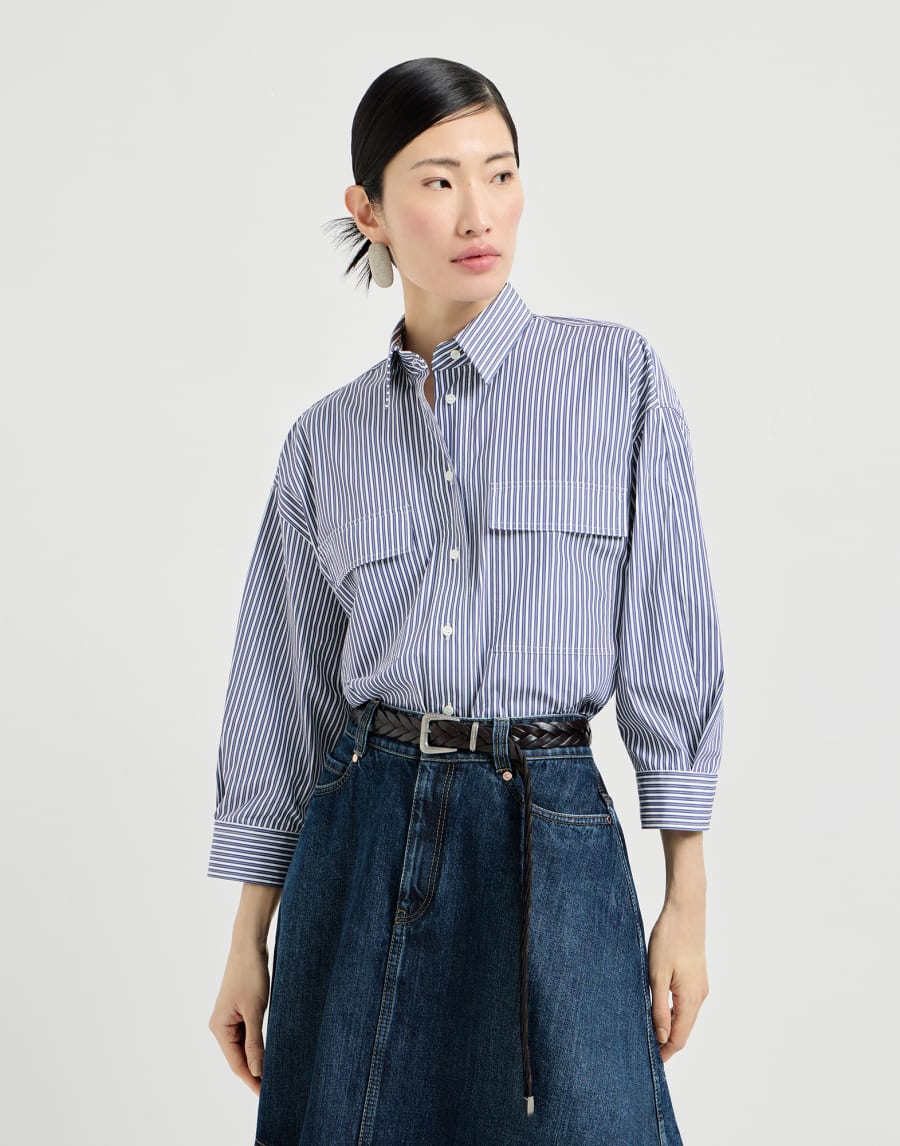 Striped beaded cotton poplin shirt - Air Force Blue