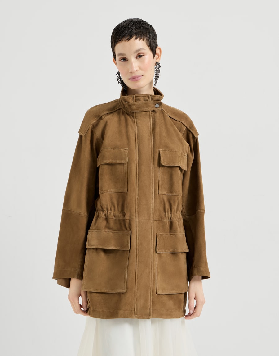Stylish Suede Hunting Jacket with Beads - Brown