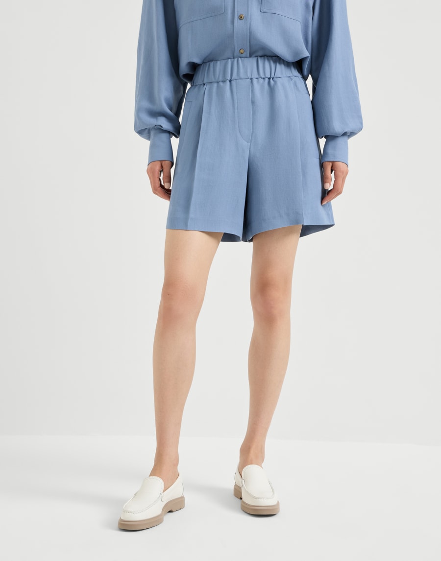 Crotchless shorts in viscose and linen-blend smooth twill - Sky Blue - Womens - Brunello Cucinelli