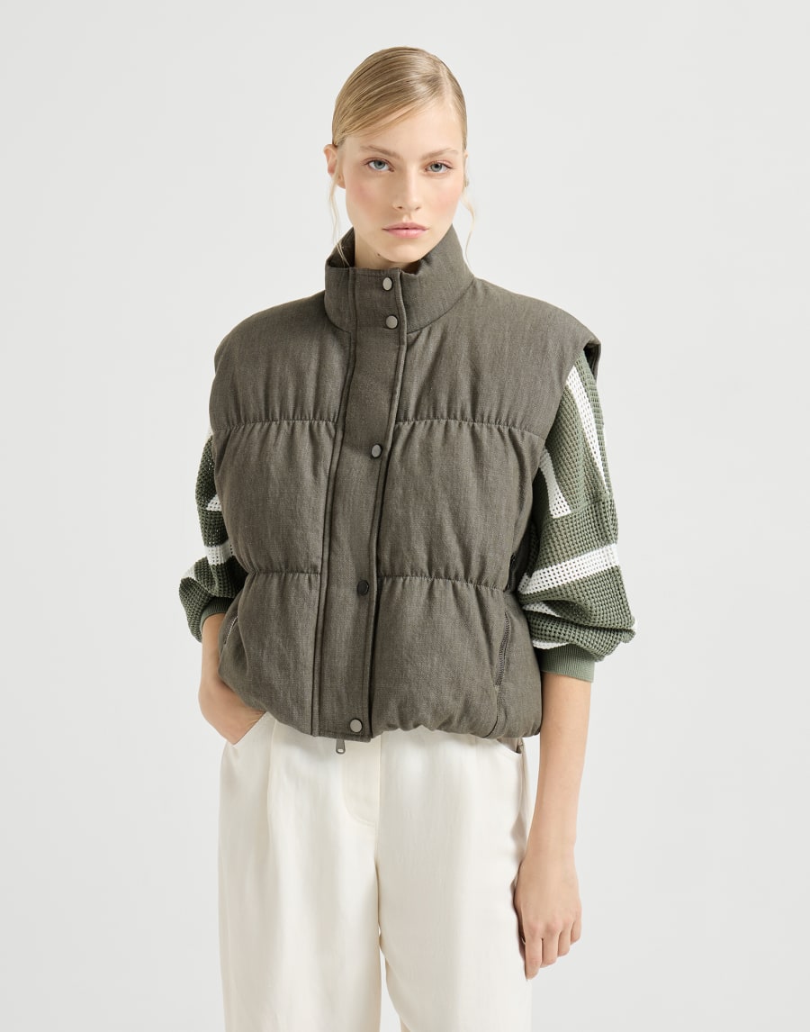 Beaded denim-effect cotton twill down vest - Olive